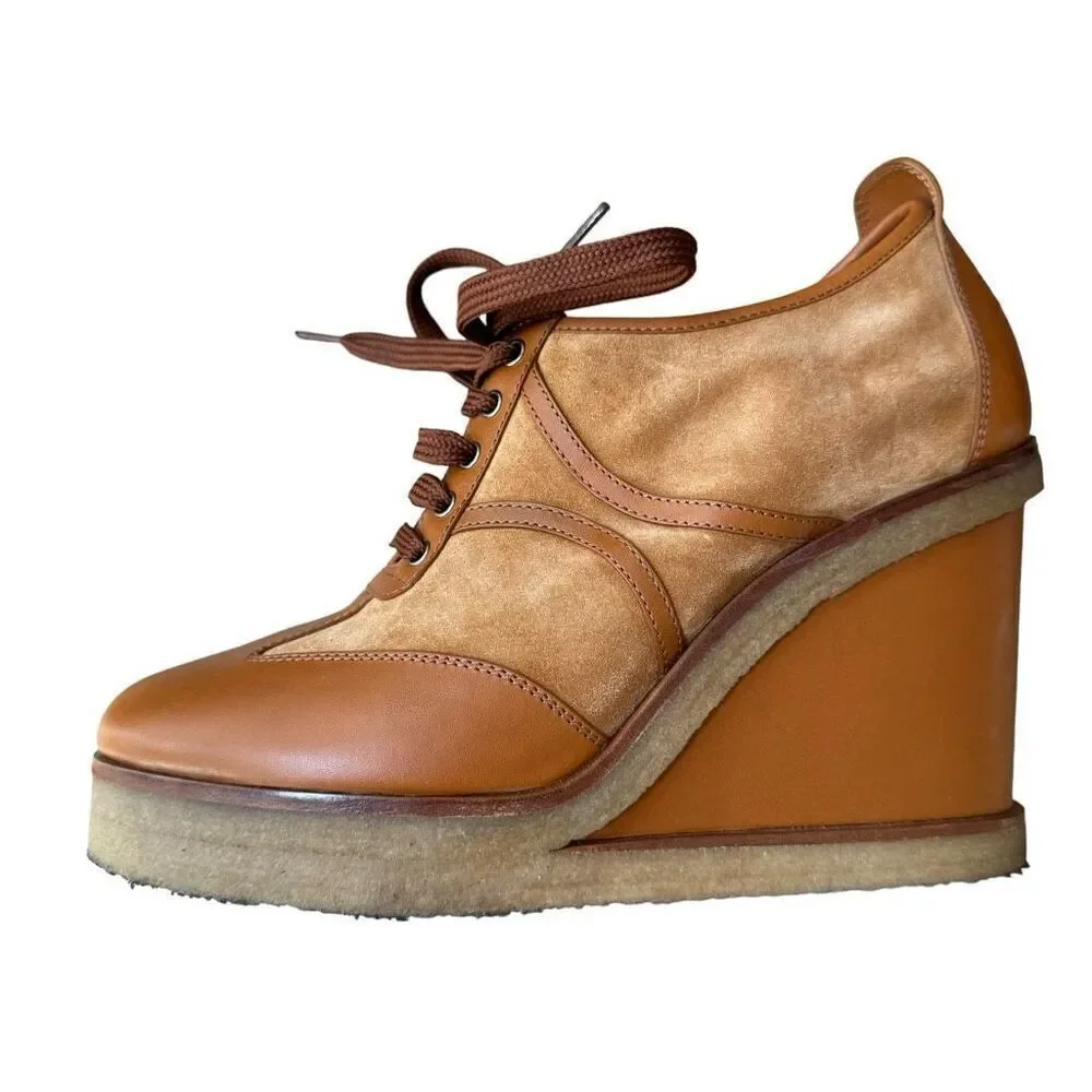 CELINE Italy MANON wedge sole lace-up shoes RM1129 39(26cm) Brown Leather